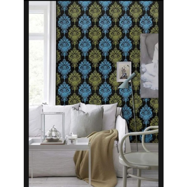 Wallpaper stiker dinding 45cmx10m motif batik biru cy1002 motif batik kekinian embos polos