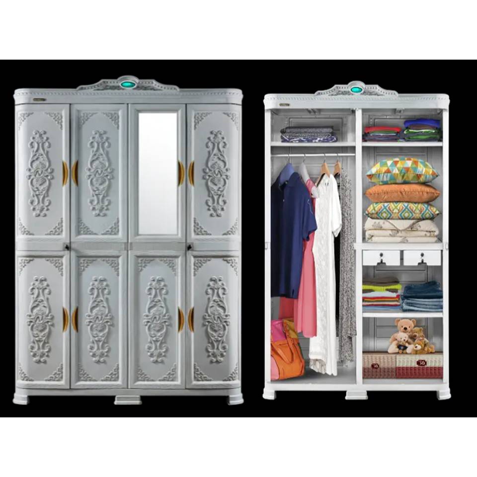 Lemari Pakaian Plastik Jumbo 4 Pintu Kaca + Kunci Classic Napolly | Lemari Plastik Jumbo Full Putih 