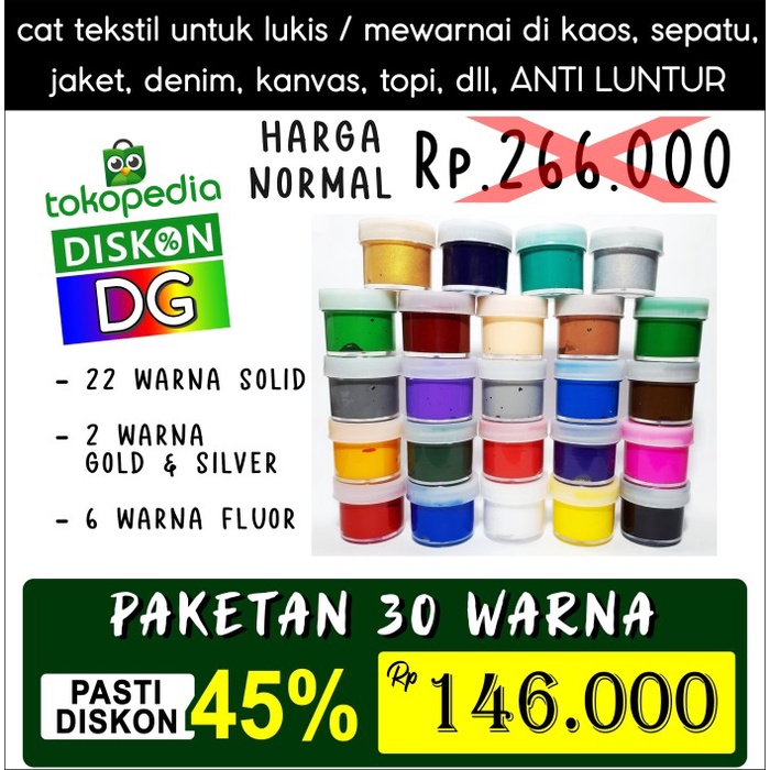 

30 Cat Paket - Cat Tekstil / Lukis utk kaos / kanvas / tas / sepatu