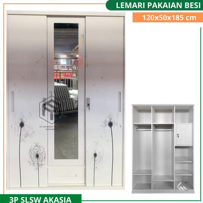 Produk Unggulan] LEMARI PAKAIAN BESI 3 PINTU SLIDING JUMBO 3P SLSW AKASIA