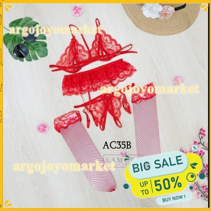 BH CD SEKSI BRA WANITA + STOCKING SEXY + GARTER BELT MERAH AC35B BAHAN BERKUALITAS TINGGI