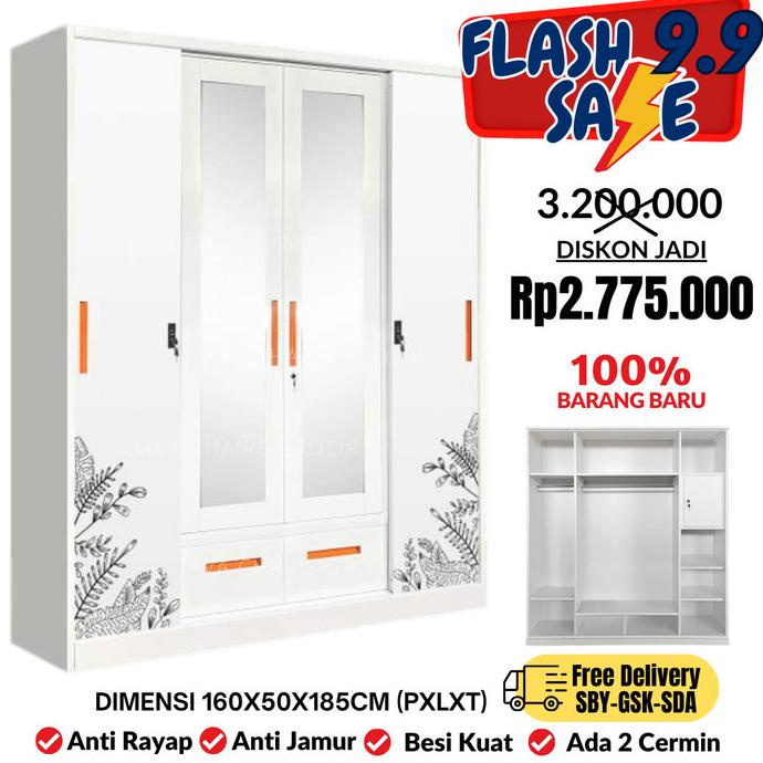 `````````] Lemari Pakaian Besi Sliding 4 Pintu Lemari Baju Sliding Metal Wardrobe