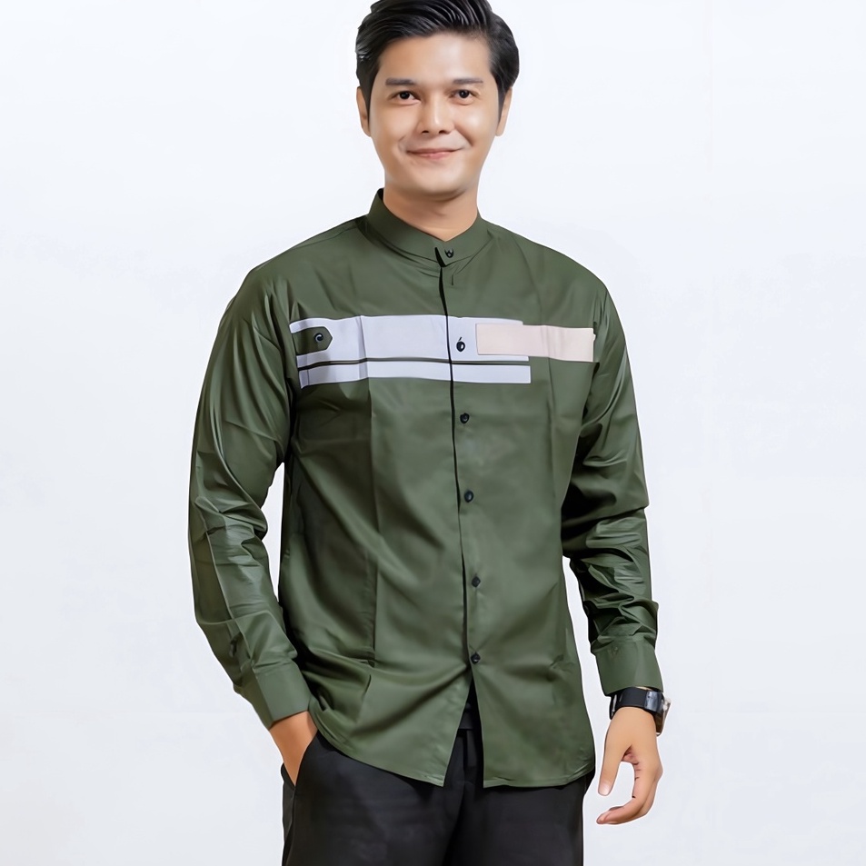 DSPS2629  Loober - Baju Koko Pria Hadroh Kombinasi Motif Yordan Lengan Panjang Warna Hijau Army