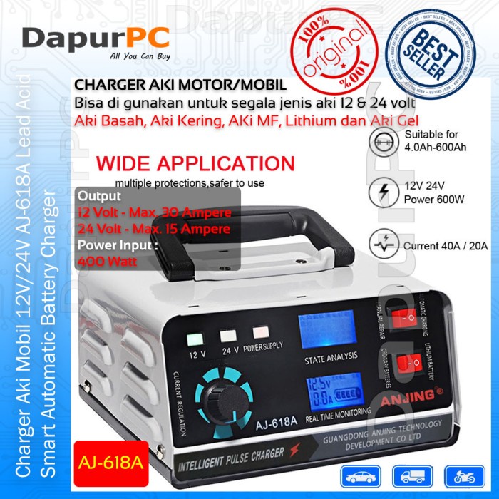 TERLARIS Charger Aki 12V 40 Ampere - 24V 20 Ampere + LCD AJ-618A Mobil Motor /CHARGER AKI/ALAT