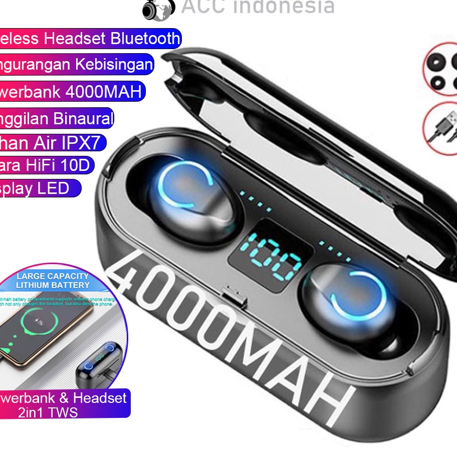 ✨Promo✨ Hari Ini Headset Bluetooth F9 TWS Earphone Bluetooth 5.3 NIRKabel Powerbank 4000MAH Display 
