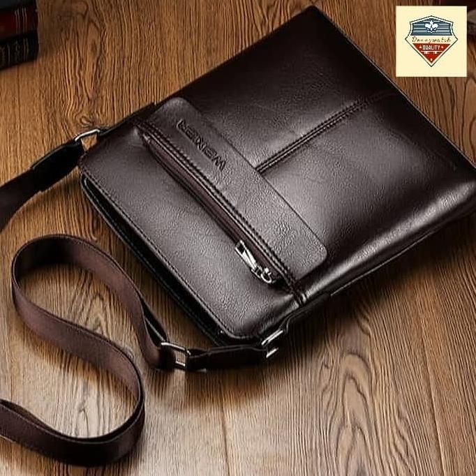Tas Selempang Kulit WEIXIER / Tas Selempang Kulit Pria - Coklat Tua