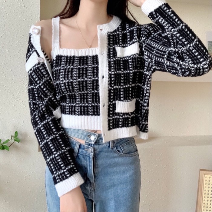 KARINA KNIT SET RAJUT SETELAN CARDIGAN TANK TOP WANITA CARDI KOREAN
