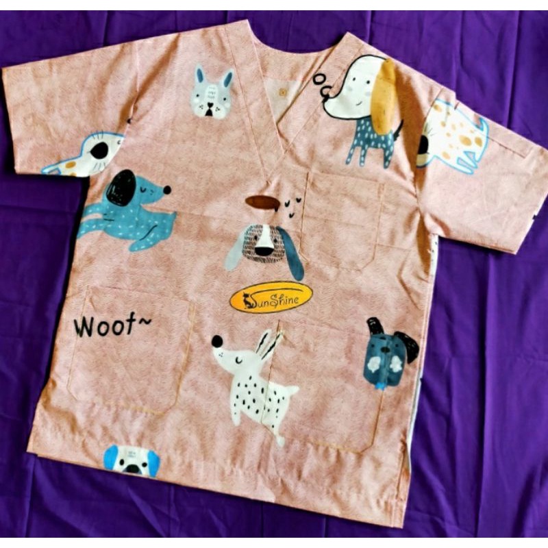 Size S Baju Praktek Dokter, Scrubsuit, Atasan, Scrubsuit, Scrub suits Motif Hewan, Kucing dan Anjing