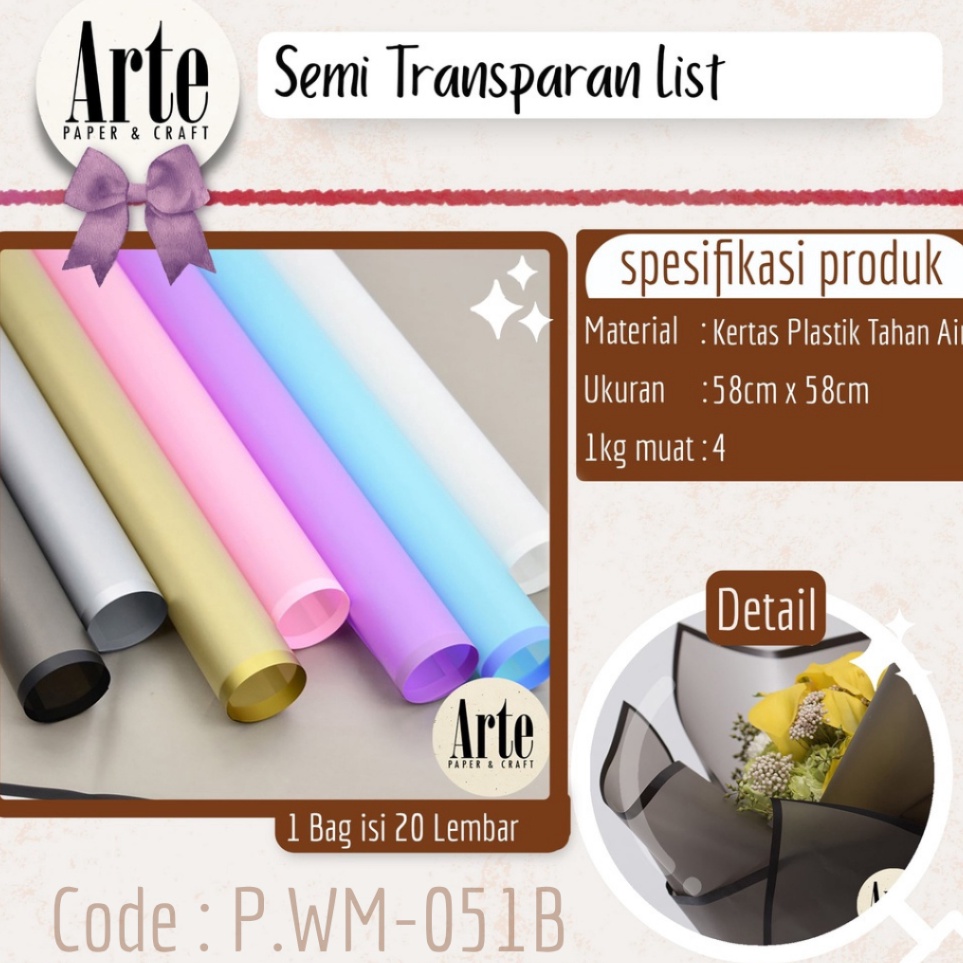 

Buruan pesan 20 Lembar Semi Transparan List Kertas Buket Korea Bunga Cellophane Coloured Semi Flower Wrapping Paper Kado Arte Grosir Jakarta P.WM-051B