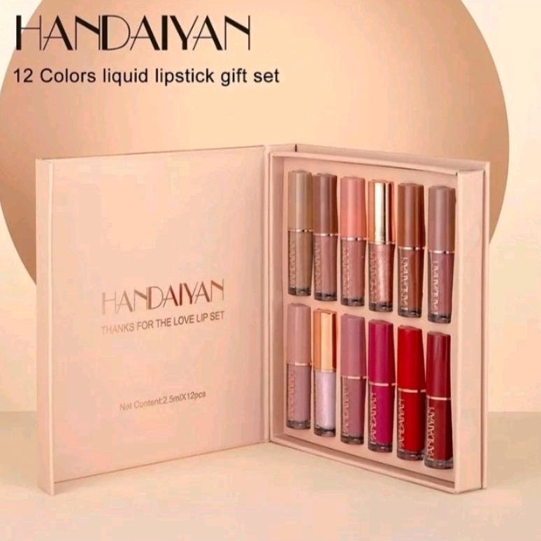 HANDAIYAN 12 Warna Set Lip Gloss Matte - Lipstik Set 12 Glaze Matte Lembut dan Tahan Lama