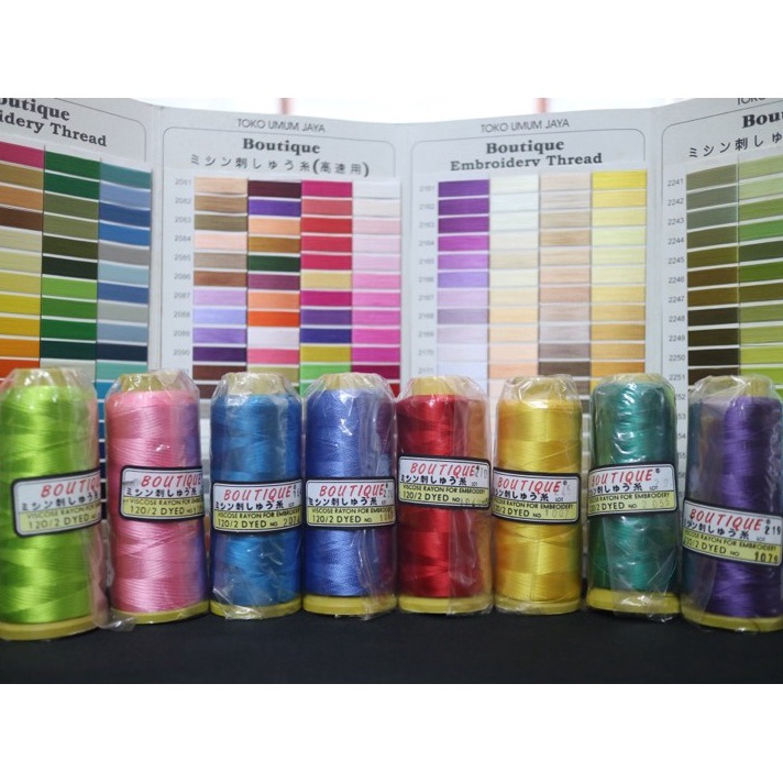 Best Terlaris Benang Bordir Rayon Merk BOUTIQUE 120D/2 Katalog Warna Kepala 2 (Ukuran 3000m)