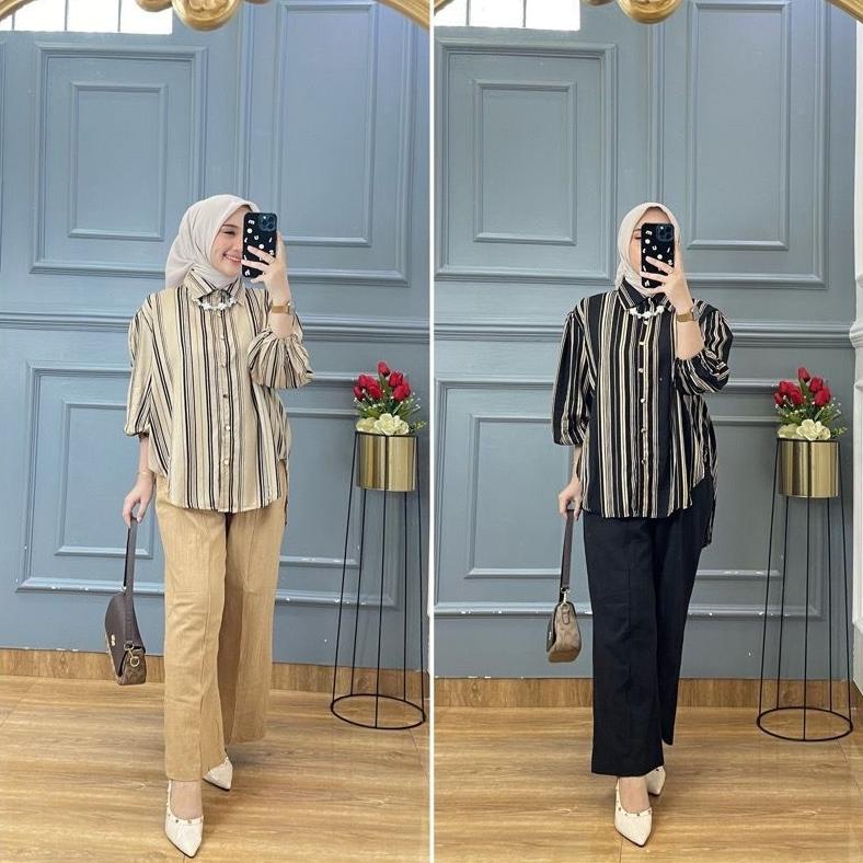 Set Polos New Malika Set Crinkle Salur Kombi // Zara Set Crinkle Salur // Zara Ome Set Crinkle Salur