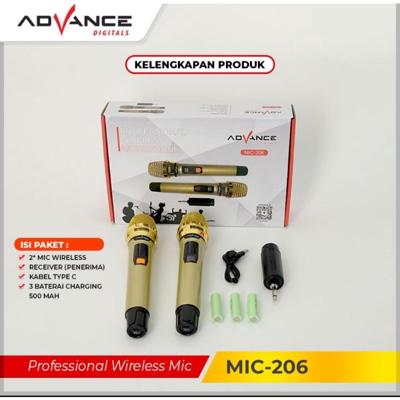 Advance mic wireless / microphone / mic dobel ( baterai) UHF (Nirkabel)