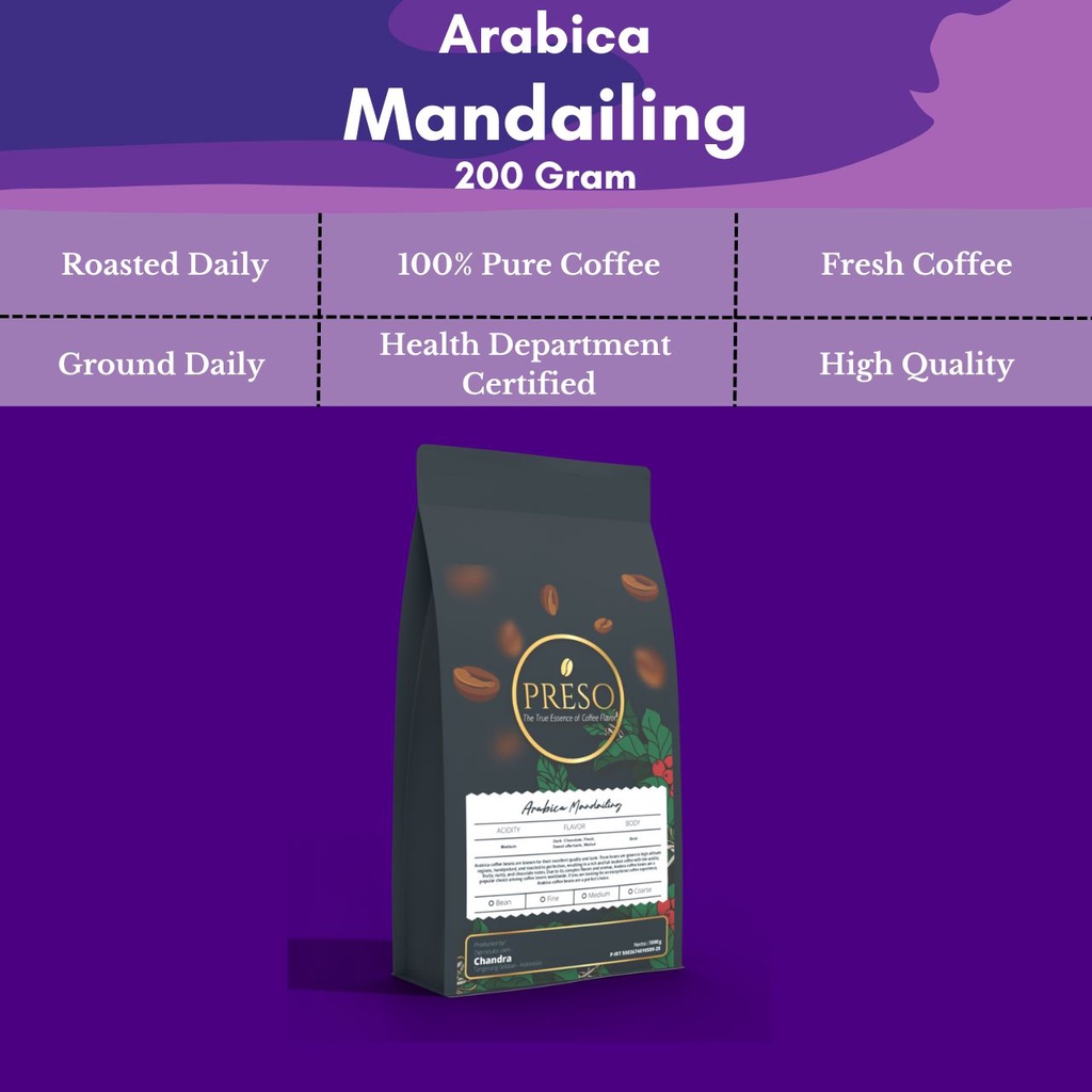 

Preso Kopi Arabica Mandheling Mandailing Arabika Mandailing Coffe Bean Arabica Coffee 200 Gram