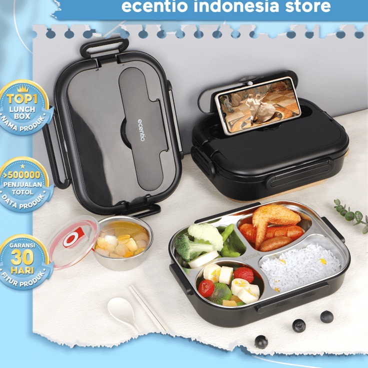 ➾❈❁ ecentio lunch box stainless /Kotak Makan 4 Sekat Tahan Panas Dan Anti Tumpah tempat makan