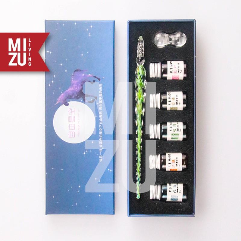 

MIZU PENNA VETRO VI GLASS Dip Pen Kaca Calligraphy Set 5 Gold Glitter INK Tinta Pen Pillow Best Seller