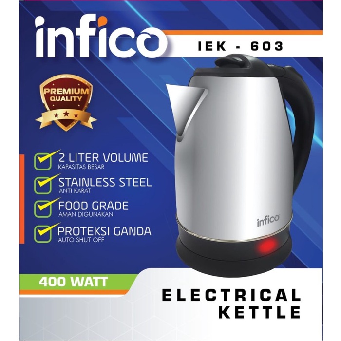 Pemanas air kettle listrik 2l hotel Full Stainless Infico Bergaransi