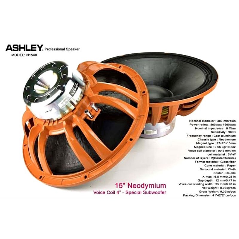 Speaker komponen 15 inch. Subwoofer Neodymium Ashley N1540