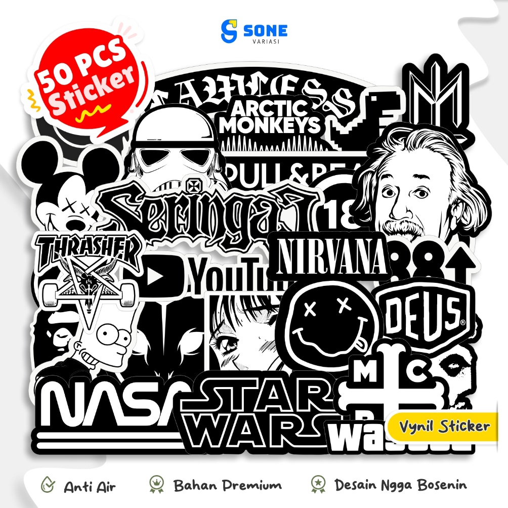 

← 50 pcs Stiker Pack Brand Hypebeast Series Black and White BNW Aesthetic Vinyl Laptop Stiker HP Motor Helm Mobil Ipad Tablet 60