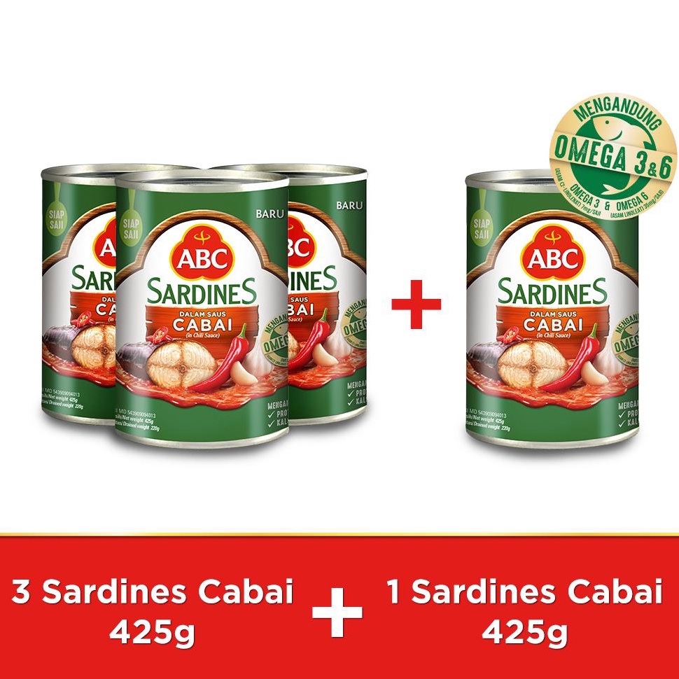 

Jangan ketinggalani7I2u ABC Sarden Saus Cabai 425 g - Buy 3 pcs Get 1 pcs Free