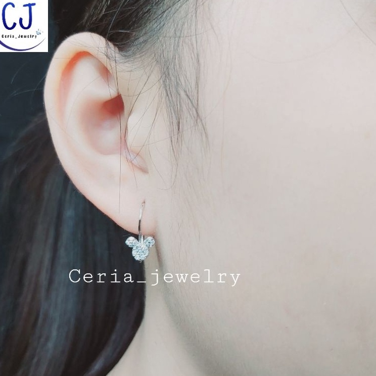 [34] ANTING PERAK ASLI SILVER Wanita Dewasa/Anak 925 LAPIS EMAS MODEL KAIT MICKEY MOUSE PERMATA PUTI