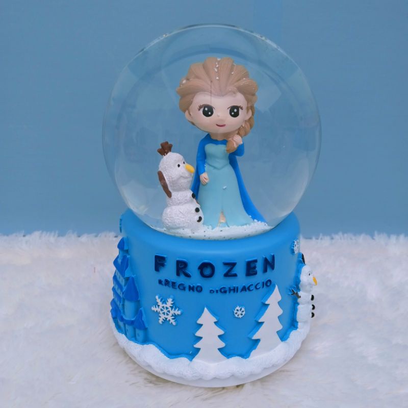 Snowball / Pajangan Bola Kaca Musik Box Frozen Elsa Biru XL (100) + Lampu Salju Otomatis Bergerak