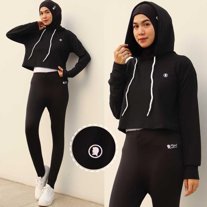 Long Sleeve Crop Top Hoodie Olahraga Sport Muslimah Gym Lari 9-0288 Stok Terbatas