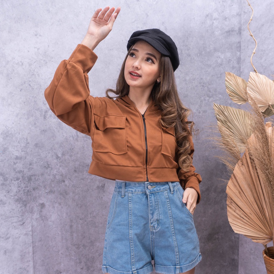 (19F⁑>Ω IL - Beatrix Oversize Crop Jacket Wanita | Hoodie Crop Resleting Pocket Wanita M-41