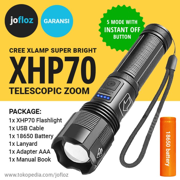 SENTER LED XHP70 ZOOM +BATERAI 18650 USB RECHARGE - XHP 70 P7