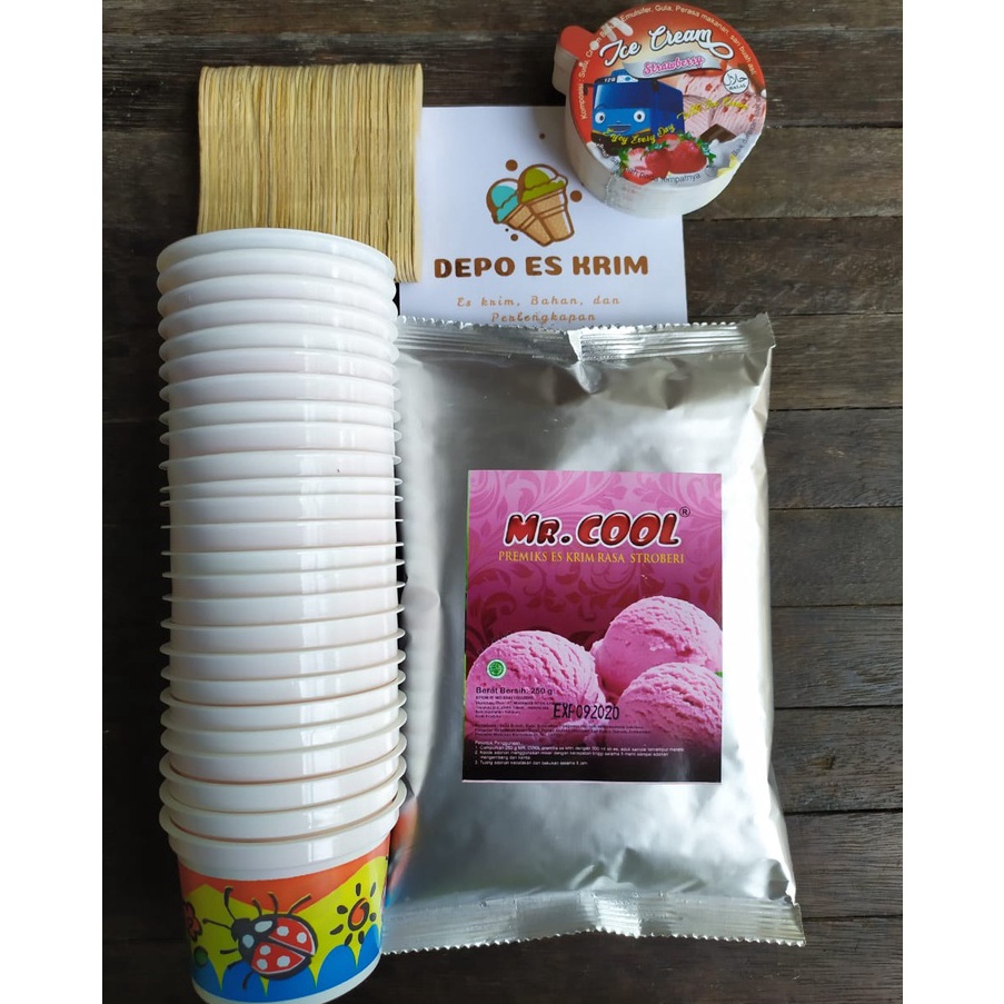 

JHZQ0505 Paket Usaha Es Krim Cup Plastik 100 ml Murah ( Bubuk Mr Cool Bahan Premiks Tepung Ice Cream Cup 100ml Komplit)