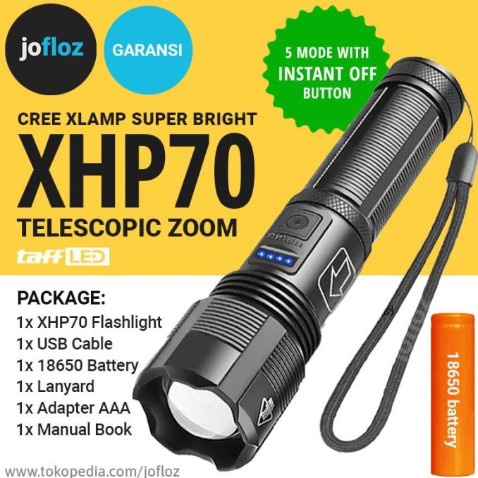 Senter Led Xhp70 Zoom +Baterai 18650 Usb Recharge - Xhp 70 P7 Stok Terbatas