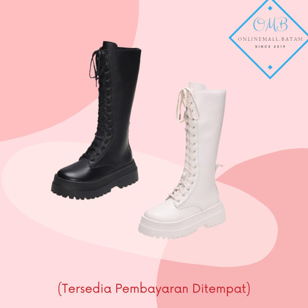 Sepatu Boots Martin Wanita Fashion Kekinian Hak Sedang Panjang Setinggi Lutut Model Flat OnlineMall 