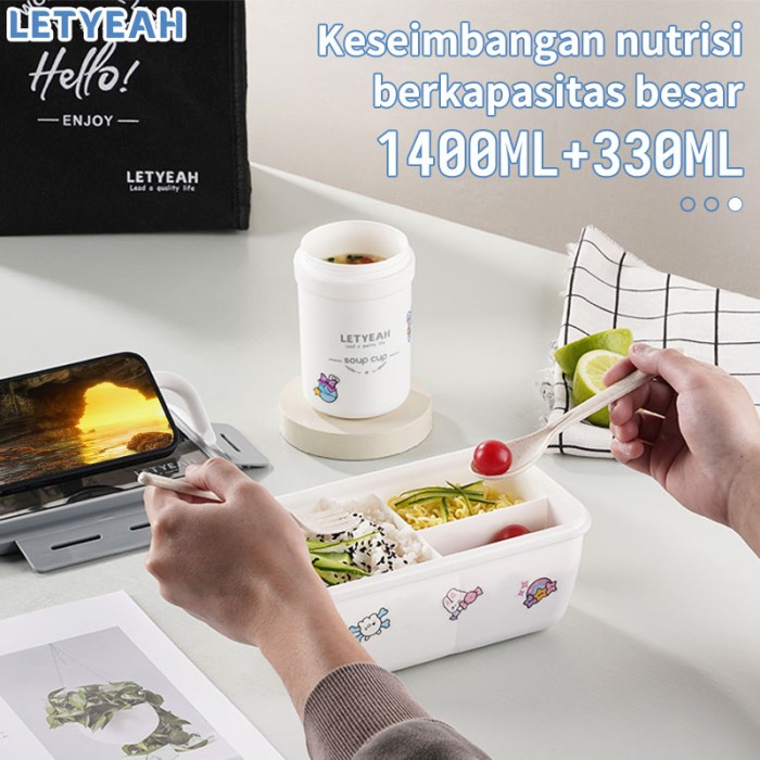 Letyeah 1400Ml Diy Stiker Lunch Box Set Kotak Bekal Makan Cangkir Sup