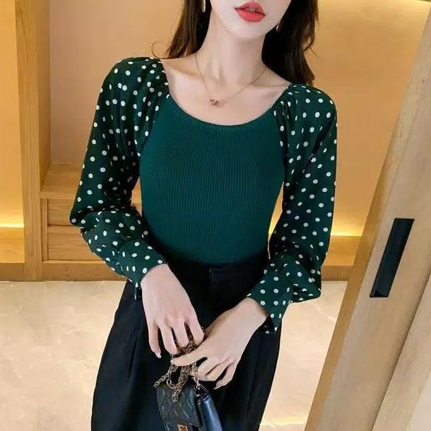 Sexy Slim Baju Rajut Import Sabrina Polkadot Knitwear Lengan Panjang