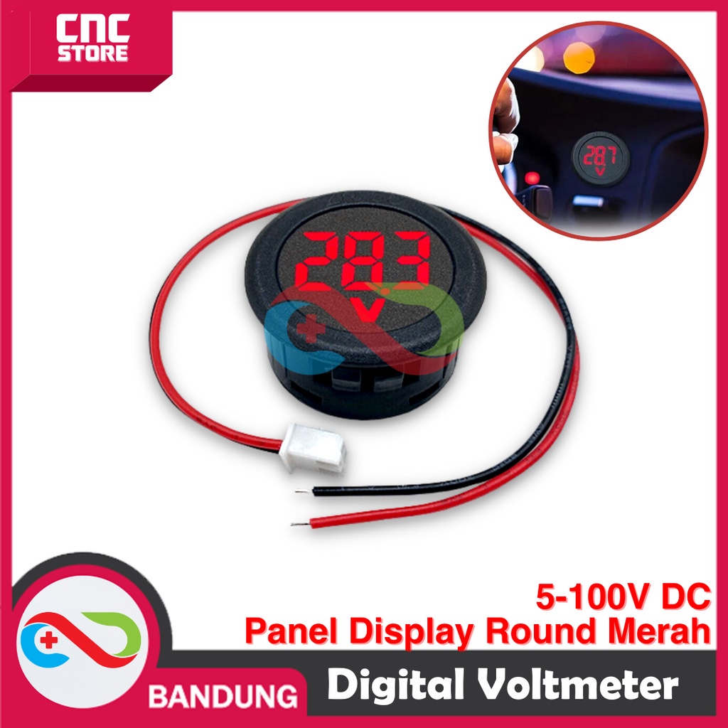 VOLTMETER DIGITAL VOLTMETER BULAT BOX PANEL DISPLAY 5-100V DC ROUND MERAH