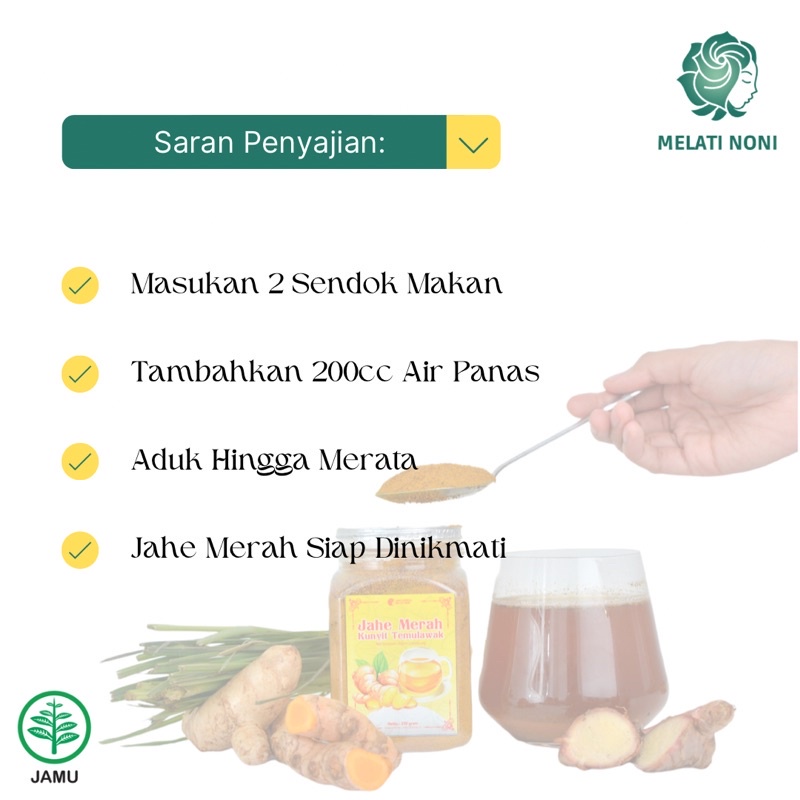 

Jahe Merah Kunyit Temulawak Habbatussauda Bubuk Murni Gula Aren Instan Jamu Melati Noni