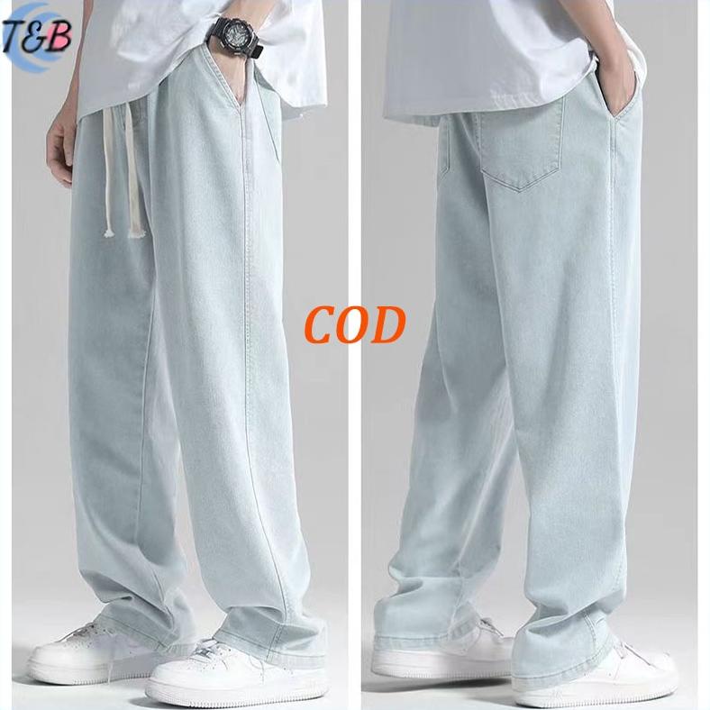 PROMO Celana kulot jeans pria jeans pinggang karet jumbo Baggy jeans pria Celana panjang cowok outfi
