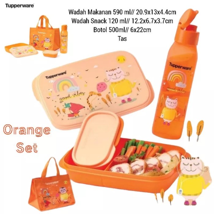 {GarudaShop} Tupperware Set Crystalwave Bekal Lengkap Kotak Makan Tas Ori Promo - ORANGE SET Diskon