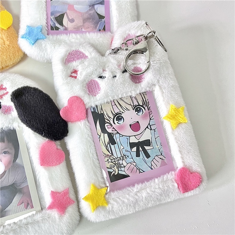 

【Sale】3 Inch Cute Cartoon Bear Rabbit Plush Photocard Holder INS Star Chasing Pendant ID Credit Case Keychain Photo Card Protector