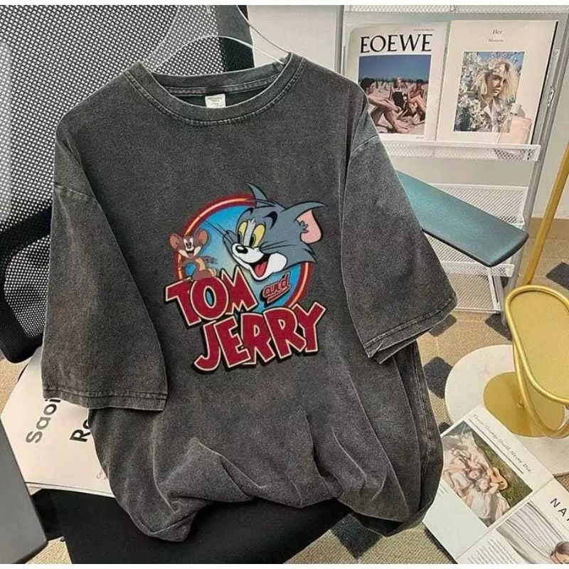 ALU • TSHIRT TOM AND JERRY WASHING BLACK KAOS OVERSIZE UNISEX COUPLE