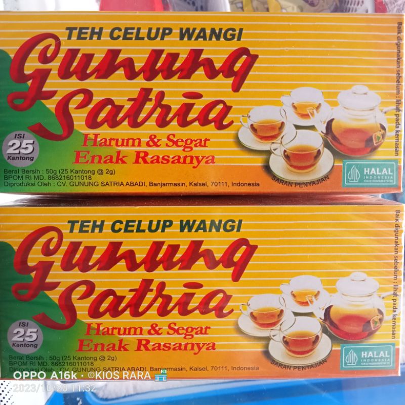 

Teh Gunung Satria kotak isi 25 kantong. Khas Kalimantan Selatan.