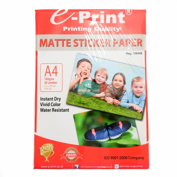 

Stiker Foto Putih ePrint Matte Sticker Paper A4 100gsm Printer Paper