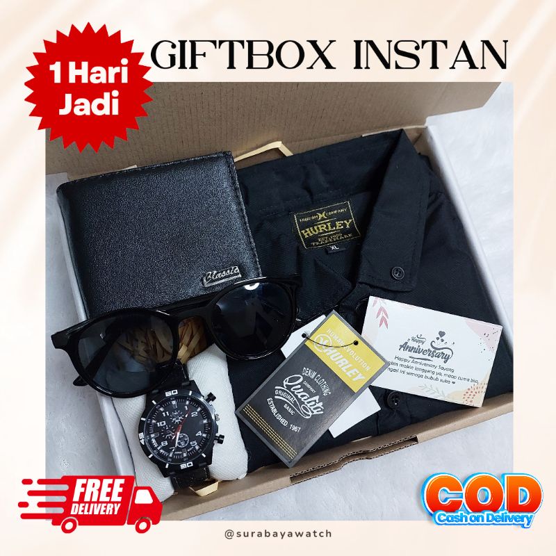 (paket Kemeja) hampers ulang tahun cowok paket kado anniversary kemeja jam tangan dompet free ucapan