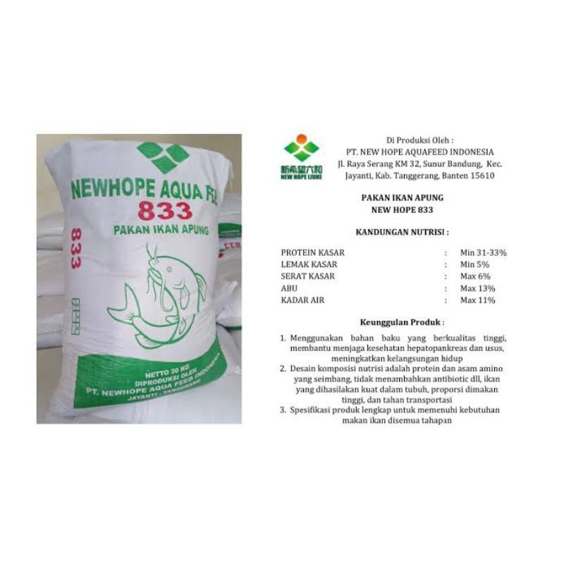 Pakan Pelet Ikan 833-3 Lele,Nila,Bawal Jenis Apung New Hope 30 Kg