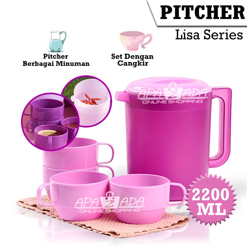 Set Teko Dan Gelas Plastik Cangkir Keramik Air Teapot 5 Pcs Jumbo 4 Liter Tahan Lama Pitcher Glass W
