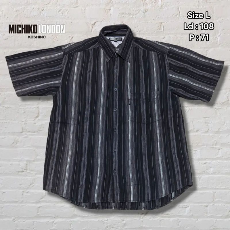 Kemeja Pendek Michiko London Hitam Salur Stripe Original Second Preloved