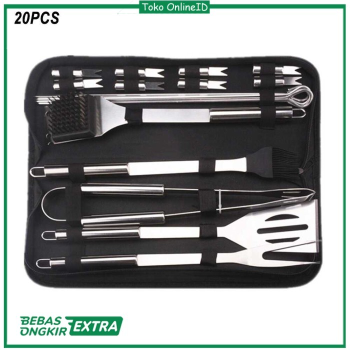TERMURAH 1 set Perlengkapan Alat Masak BBQ Steak Gril Portable Stainless 20Pcs /GRILL PEN/BAKARAN