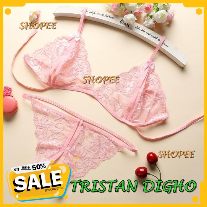 BRA SET OPEN G STRING LINGERIE WANITA LACE BRA TRANSPARAN SEXY A - MERAH MUDA, ALL SIZE / BRA SET OP