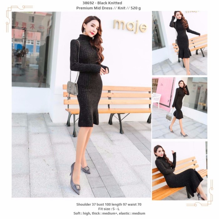 [Ori] Dress Midi Rajut Polos Hitam Lengan Panjang Leher Tinggi Berkualitas