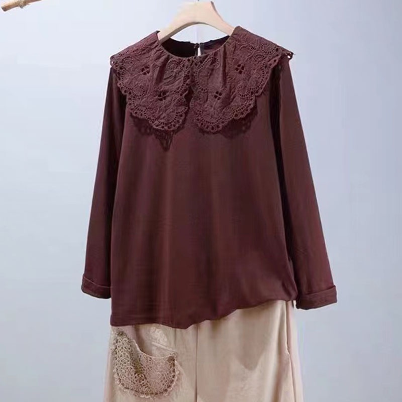 KAOS COKLAT KERAH COLLAR LEBAR KATUN RENDA BORDIR KOREA IMPORT